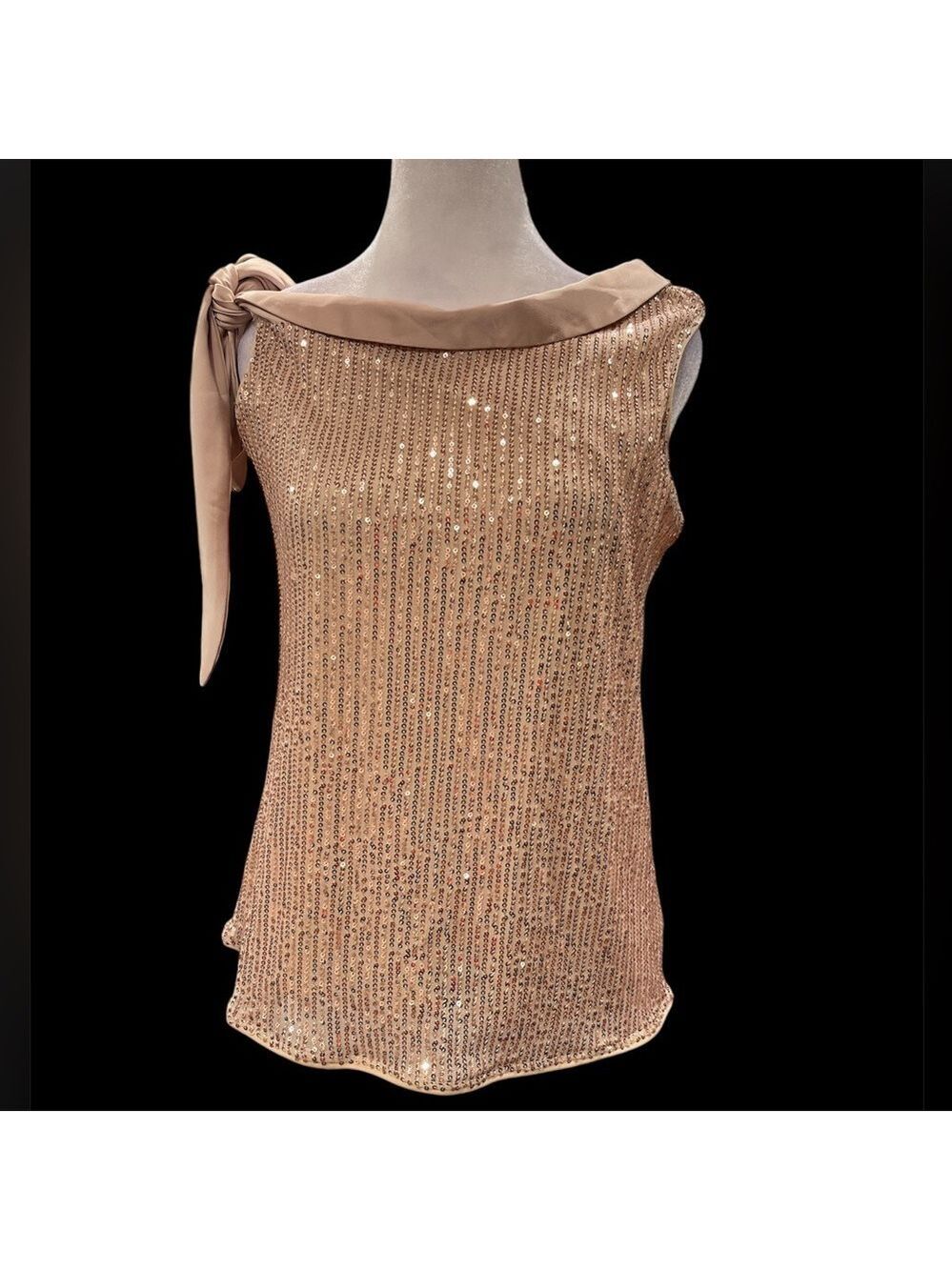 Kate Kasin M Champagne Sequin Tie-Shoulder Tank Top Stretchy Lined